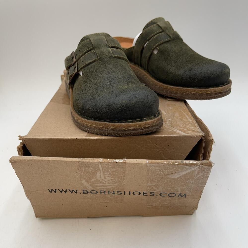 Born Buckle Clog Shoes Womens Green Leather Slip On Casual Comfort Size 7